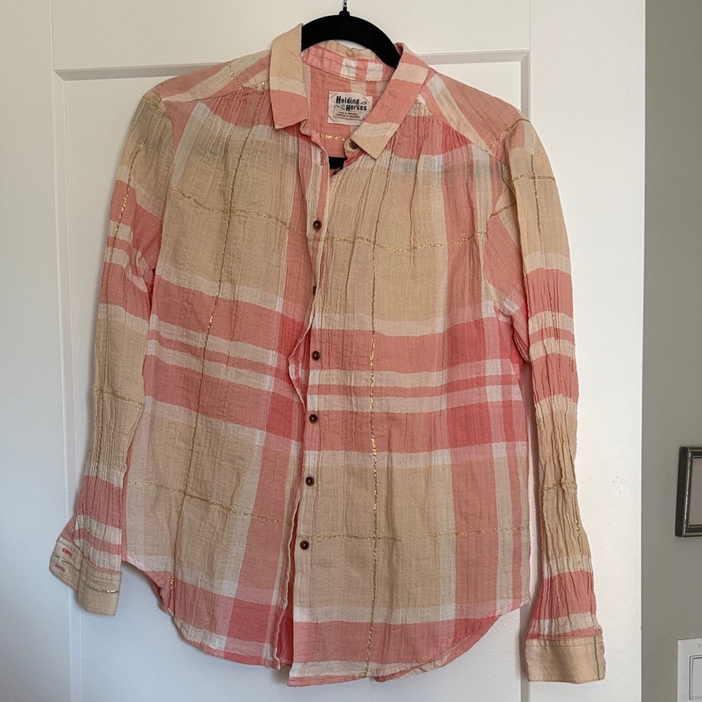 Anthropologie Coral and Beige plaid button up
